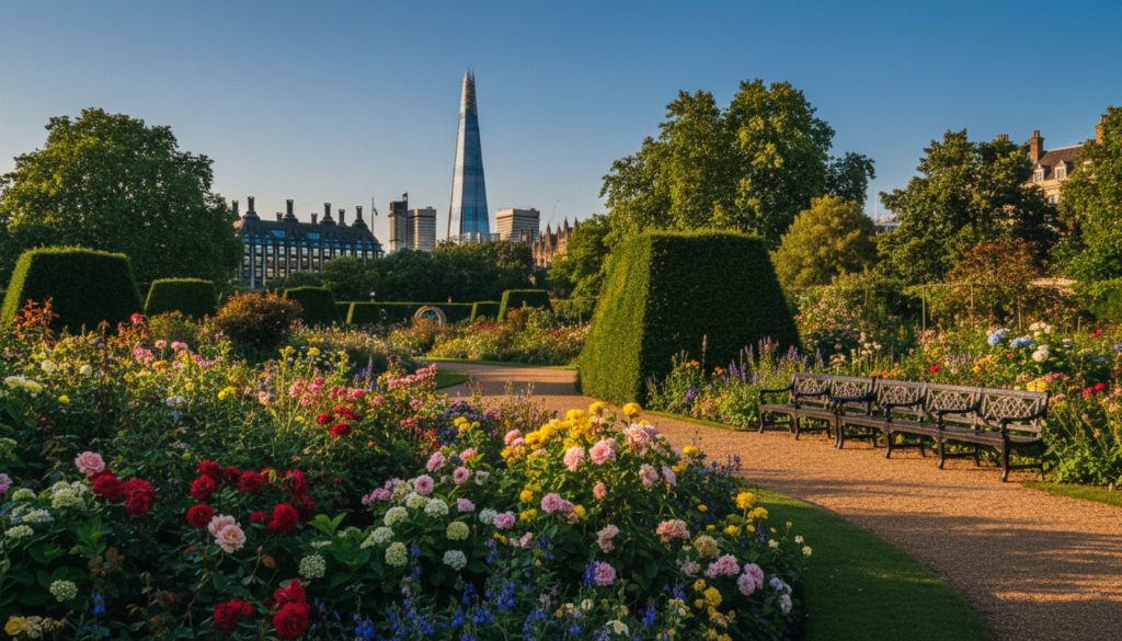 A serene London garden in a scenic park setting, showcasing a vibrant array of blooming flowers and lush greenery in the foreground. The middle ground features curving gravel paths lined with tall hedges and ornate benches, inviting visitors to sit and enjoy the natural beauty. In the background, iconic London landmarks like the Shard and Westminster can be glimpsed beyond the trees, subtly framed by the garden's beauty. The image is captured with a wide-angle lens, utilizing soft, golden hour lighting to create a warm and inviting atmosphere. The texture of the leaves, petals, and stone walkways is highly detailed, set against a rich blue sky. The mood is tranquil, perfect for illustrating the charm and allure of London's parks and gardens, presented in 8k resolution.