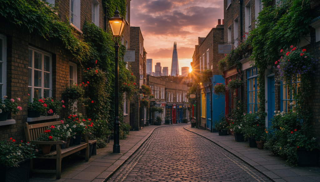 A serene hidden gem in London for photography, featuring a quaint cobblestone street lined with charming, ivy-covered buildings. In the foreground, a vintage lamppost casts a warm glow, illuminating a rustic bench adorned with potted flowers. The middle ground showcases an enchanting alleyway with colorful shopfronts and hanging plants. In the background, soft-focus views of the iconic London skyline peek through the narrow passage, under a dusk sky painted with hues of orange and purple. The scene is captured with cinematic lighting, emphasizing the intricate textures of the brickwork and foliage. Shot in 8k resolution, conveying a tranquil and inviting atmosphere, perfect for discovering unique photography spots.