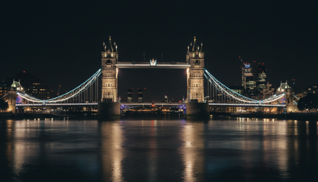 A stunning night photograph of Tower Bridge in London, illuminated by vibrant city lights. In the foreground, the serene waters of the River Thames reflect the colorful lights from the bridge and surrounding buildings. The middle ground features the majestic structure of Tower Bridge, with its iconic towers and intricate details dramatically lit against the night sky. The background showcases a panoramic view of London’s skyline, dotted with lighting from nearby landmarks. The scene captures a cinematic atmosphere with soft, inviting hues, enhancing the details in the textures of the bridge and water. The composition should evoke a sense of wonder, emphasizing the allure of London at night, shot in 8k resolution with a focus on clarity and depth.