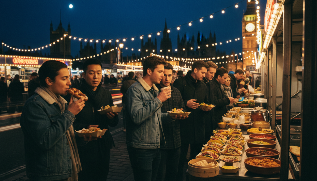 A vibrant London night market scene teeming with life, featuring various street food stalls illuminated by warm, inviting string lights. In the foreground, a diverse group of people, dressed in modest casual clothing, explore the stalls, savoring delicious street food. The middle ground captures vivid food displays: steaming dumplings, colorful tacos, and aromatic spiced dishes, all meticulously arranged. The background showcases iconic London architecture bathed in a soft glow, with hints of the night sky peeking through. The atmosphere is lively and inviting, with a focus on culinary delights and community interaction. Shot with a 50mm lens to achieve a cinematic depth of field, creating an intimate yet expansive feel, with highly detailed textures in 8k resolution.