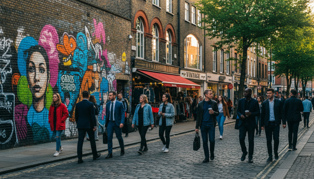 A vibrant London street scene in Shoreditch, capturing the eclectic mix of street art and urban life. In the foreground, a diverse group of people in professional business attire and modest casual clothing walks along the cobblestone street, some engaged in conversation. The middle ground features a mural-covered brick wall, showcasing an explosion of colors and textures, with nearby cafés and vintage shops. In the background, brick buildings with large windows reflect the soft golden hour light, creating a warm ambiance. The scene is framed with lush green trees, adding contrast to the urban setting. Shot in cinematic style with an 8k resolution, the photo emphasizes rich details and textures, conveying a dynamic yet relaxed atmosphere perfect for street photography enthusiasts.