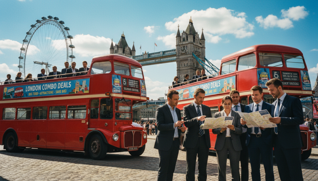 A vibrant and bustling London sightseeing scene featuring iconic double-decker buses in the foreground, adorned with promotional art for combo deals on bus tours and popular attractions. In the middle ground, groups of diverse tourists in professional business attire and modest casual clothing eagerly discuss their plans while pointing at maps and brochures. The background showcases famous landmarks, such as the Tower Bridge and the London Eye, under a bright blue sky with fluffy white clouds. The image is shot in a raw photographic style with cinematic lighting to emphasize the details and colors, capturing the excitement of exploring the city. The overall mood is cheerful and adventurous, presented in stunning 8k resolution with highly detailed textures.