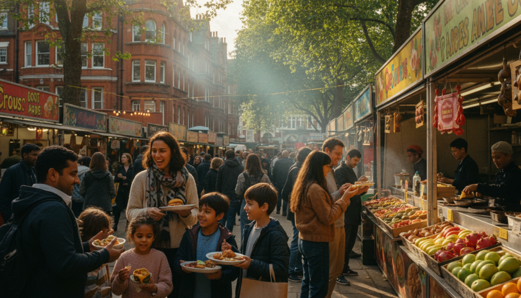 A vibrant, bustling family-friendly food market in London, showcasing a variety of colorful street food stalls. In the foreground, joyful families with children sample delicious foods, with a focus on parents in casual, modest clothing. The middle ground features an array of food vendors offering multicultural cuisine, including gourmet burgers, fresh pastries, and exotic fruits. The background reveals historic London architecture, framed by lush trees. The scene is illuminated by warm, cinematic lighting that enhances the inviting atmosphere, capturing the essence of community and togetherness. Shot with a wide-angle lens to emphasize depth and detail, creating a lively, engaging snapshot of the market at peak activity in 8k resolution.
