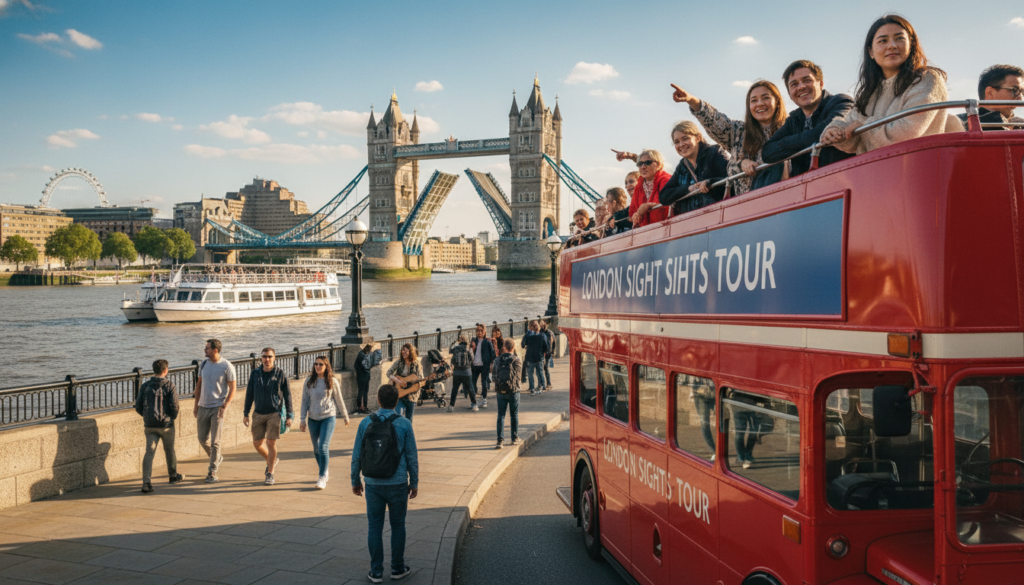A vibrant comparison scene illustrating three popular London tour options: a classic red hop-on hop-off bus, a group of tourists walking along the River Thames, and a river cruise boat navigating past iconic landmarks like the Tower Bridge and the London Eye. In the foreground, capture a red bus packed with smiling tourists in professional casual attire, while in the middle ground, a diverse group walks along the riverside, enjoying the scenery. In the background, the river cruise boat sails gracefully under a bright blue sky with fluffy white clouds. The image should have cinematic lighting with a warm, inviting atmosphere, showcasing detailed textures in 8k resolution, highlighting the dynamic energy of exploring London through different modes of transport.