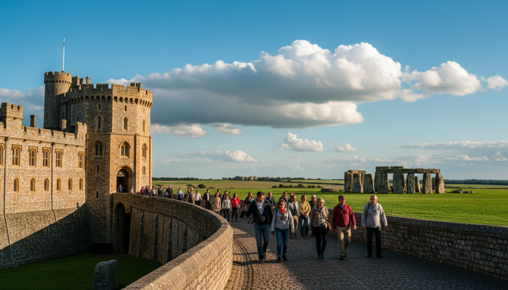 A vibrant day trip scene showcasing both Windsor Castle and Stonehenge in a single composition. In the foreground, a group of diverse tourists, dressed in casual, modest attire, stroll through a scenic pathway leading up to Windsor Castle. The castle stands majestically, with its iconic towers and turrets, bathed in warm, golden sunlight. In the middle ground, lush green fields stretch towards the horizon, where Stonehenge looms impressively against a bright blue sky with fluffy clouds. The ancient stones are highlighted by soft afternoon light, creating dramatic shadows. The overall atmosphere conveys excitement and wonder, showcasing a perfect blend of England's rich history and stunning landscapes, captured in highly detailed textures. Cinematic lighting adds depth, enhancing the scene’s visual appeal in an 8k resolution format.