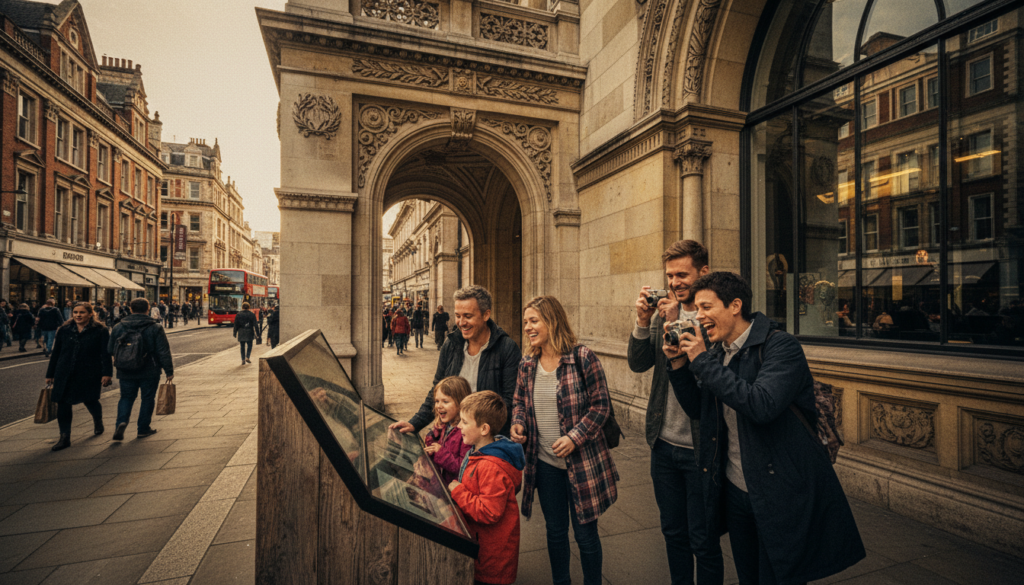 A vibrant outdoor scene showcasing a group of diverse tourists exploring one of London's free museums, capturing the excitement of discovery. In the foreground, a cheerful family with children is engaged in a hands-on exhibit, while a couple of friends take photos with smiles. The middle ground features iconic museum architecture, adorned with intricate details, and clear glass windows reflecting the day's activities. The background reveals a picturesque London street bustling with more tourists and local shops. The scene is illuminated by warm, golden hour sunlight, casting soft shadows and creating a welcoming atmosphere. Shot with a wide-angle lens to capture depth, in 8k resolution for exceptional detail, emphasizing the textures of the museum's façade and the joy of cultural exploration.