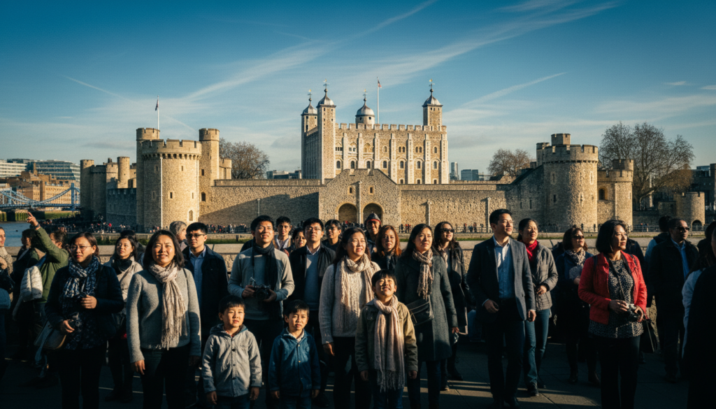 A vibrant scene at the Tower of London bustling with tourists. In the foreground, a diverse group of visitors of varying ages explores the site, dressed in smart casual clothing, with a sense of wonder on their faces. The middle ground features the imposing, historic architecture of the Tower itself, showcasing its stone walls, turrets, and the iconic White Tower. In the background, a clear blue sky illuminates the scene, with wispy clouds adding depth. The atmosphere is lively and engaging, capturing the essence of a popular landmark visit. Shot with a wide-angle lens, the image incorporates dramatic cinematic lighting, highlighting textures in the stonework and the varied expressions of the tourists, all in stunning 8k resolution.