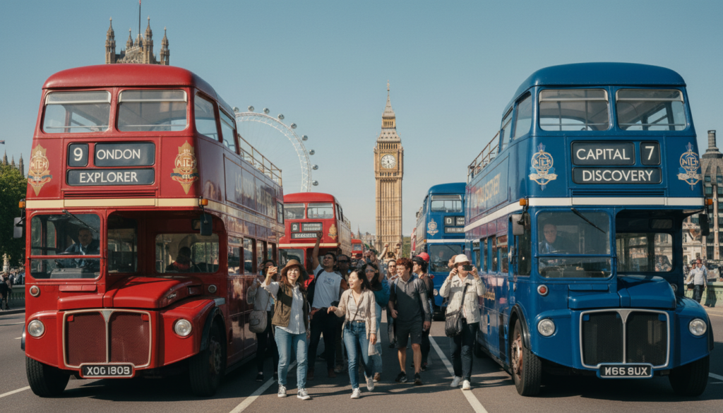 A vibrant scene depicting an array of open-top buses in London, showcasing various prominent bus operators. In the foreground, two stylized double-decker buses, one red and one blue, are parked side by side, their details rich and textures highly defined. In the middle ground, tourists of diverse backgrounds explore the area, dressed in casual yet tasteful clothing, taking photos and admiring the iconic London skyline. The background features famous landmarks such as the Big Ben and the London Eye under a clear blue sky. The lighting is cinematic with soft shadows, capturing an inviting atmosphere during a sunny day. The composition should emphasize the elegance and excitement of London’s hop-on-hop-off bus experience, rendered in stunning 8k resolution.