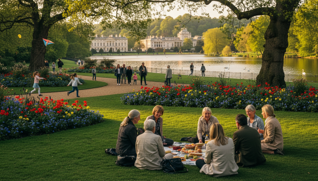 A vibrant scene in one of London's iconic royal parks, showcasing tourists of various ages enjoying the lush green space. In the foreground, a diverse group of people wearing modest casual clothing are having a picnic on a well-manicured lawn, laughing and sharing snacks. In the middle ground, families stroll along winding paths lined with colorful flower beds and mature trees, while children fly kites and play frisbee. The background features a picturesque view of a serene lake with swans gliding gracefully, set against a backdrop of beautiful old buildings and gentle hills bathed in soft, cinematic golden hour lighting. The image should have highly detailed textures, capturing the essence of a lively yet tranquil atmosphere, shot in 8k resolution to enhance the rich colors and details.