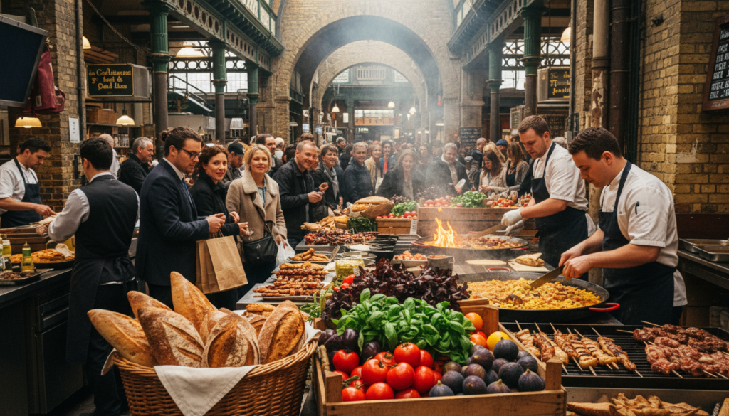 A vibrant scene of Borough Market in London, showcasing an array of street food stalls bustling with activity. In the foreground, a colorful selection of food is displayed: artisanal breads, fresh produce, and international delicacies being prepared by vendors in professional attire. In the middle ground, shoppers weave through the stalls, captivated by the enticing aromas and lively conversations. The background features historic market arches, with warm, cinematic lighting casting gentle highlights and shadows. The atmosphere is lively and inviting, capturing the essence of culinary experiences. The image should be highly detailed, with textures reflecting the freshness of ingredients, shot in 8k resolution, ideally from a slightly elevated angle to capture the market's vibrant energy.