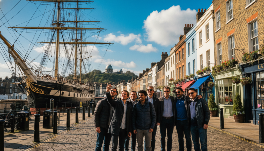 A vibrant scene of tourists exploring the historic neighborhood of Greenwich, London. In the foreground, a diverse group of visitors, dressed in modest casual clothing, enthusiastically take selfies in front of the iconic Cutty Sark ship. The middle ground features the charming cobblestone streets lined with traditional Georgian architecture, colorful shops, and lush greenery. In the background, the majestic Greenwich Observatory stands tall against a bright blue sky, with fluffy white clouds. The natural light creates a warm, inviting atmosphere, enhancing the textures of the buildings and the lively expressions of the tourists. Capture this moment in a raw photograph style, with cinematic lighting and highly detailed textures in 8k resolution.