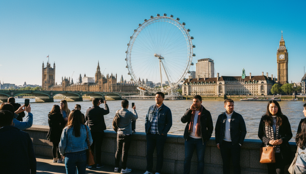 A vibrant scene of tourists near the London Eye, located along the River Thames. In the foreground, a diverse group of tourists dressed in casual, modest clothing is admiring the view, some taking photos with their smartphones. The middle ground features the iconic London Eye, beautifully illuminated with soft, cinematic lighting, casting reflections on the gently rippling river. In the background, the historic architecture of Westminster can be seen under a clear blue sky, creating a stunning contrast. The overall atmosphere is cheerful and inviting, capturing the essence of a perfect day in London. The image should be highly detailed with textures that bring the scene to life, rendered in 8k resolution for maximum clarity.