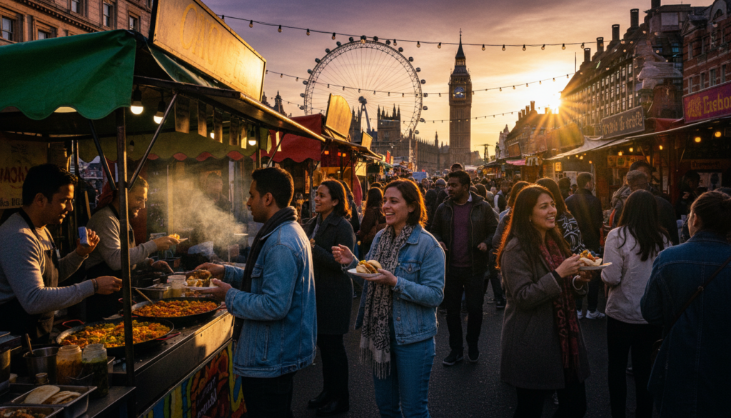 A vibrant street food market along the South Bank of the River Thames, showcasing an array of colorful food stalls. In the foreground, a variety of stalls selling gourmet dishes, surrounded by smiling patrons enjoying their meals. The middle ground features a bustling atmosphere with people of diverse backgrounds dressed in modest casual clothing, engaging with vendors and sampling food. The backdrop highlights the iconic London skyline, including the London Eye and Big Ben, bathed in soft, golden hour lighting that casts warm hues across the scene. The image captures the energy and allure of London street food culture, rendered in highly detailed textures and rich colors, in stunning 8k resolution with a cinematic feel.