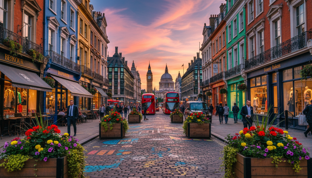 A vibrant street scene in London, showcasing colourful buildings adorned with intricate architecture and flourishing shopfronts. In the foreground, a cobblestone street lined with blooming flower boxes and artistic street art creates a lively atmosphere. The middle ground features pedestrians dressed in professional attire, capturing the essence of city life, while they interact with outdoor cafes and boutique shops. In the background, iconic London architecture peeks through with a stunning sky, rich in hues of sunset—warm pinks and oranges contrasting with the deep blue. Shot in 8k resolution, this raw photograph captures highly detailed textures, with cinematic lighting emphasizing the vibrancy and charm of London’s colourful streets, evoking a joyful and picturesque mood.