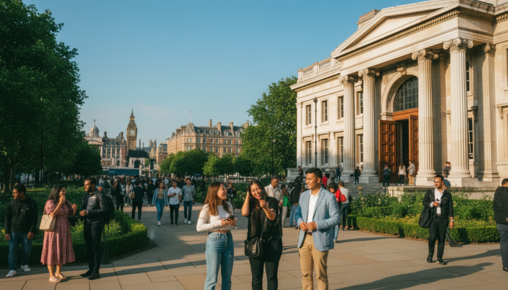 A vibrant street scene showcasing the exterior of a free museum in London, such as the British Museum or Natural History Museum, located in the foreground. Visitors of diverse backgrounds, dressed in smart casual attire, are engaging with the architecture and exploring the surrounding area, some taking photos. In the middle ground, lush greenery and well-kept pathways lead to an inviting entrance with large, welcoming doors. The background features iconic London architecture, including historical buildings and a clear blue sky, enhancing the scene. The lighting is warm and inviting, mimicking golden hour, with soft shadows adding depth. The image should be highly detailed, 8k resolution, capturing the lively atmosphere of exploration and culture in the city.