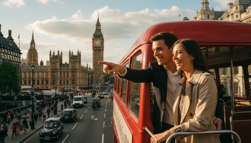 A vibrant upper deck of a classic London bus, showcasing a panoramic view of iconic landmarks like Big Ben and the Houses of Parliament in the background. The foreground features a couple of passengers, dressed in smart casual attire, admiring the scenery with smiles on their faces. Captured in raw photograph style, the image should have cinematic lighting, highlighting the glossy red of the bus and the details of the architecture around. The middle ground includes hints of bustling street life, with pedestrians and sky-high buildings creating a lively atmosphere. An 8k resolution enhances the textures, from the gleaming metal of the bus to the intricate details of the historic buildings bathed in soft sunlight, evoking a cheerful and adventurous mood.