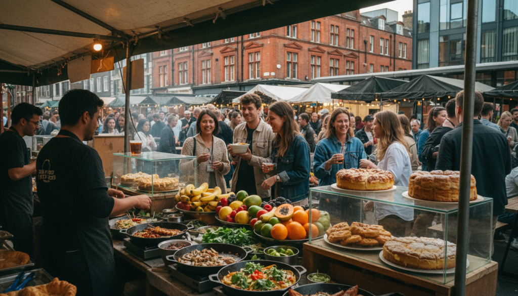 East London food stalls bustling with activity at an outdoor food market. In the foreground, diverse vendors serve an array of colorful dishes, showcasing vibrant fruits, sizzling street tacos, and artisanal pastries. The middle ground features customers of various backgrounds, dressed in casual, modest clothing, enjoying their meals and mingling, capturing the vibrant street life atmosphere. In the background, a blend of modern and historical architecture adds depth, with soft, cinematic lighting highlighting the textures of the stalls and food. The overall mood is lively and inviting, reminiscent of a warm summer evening in East London, captured in a raw photograph style, with an emphasis on highly detailed textures and 8k resolution for vivid clarity.