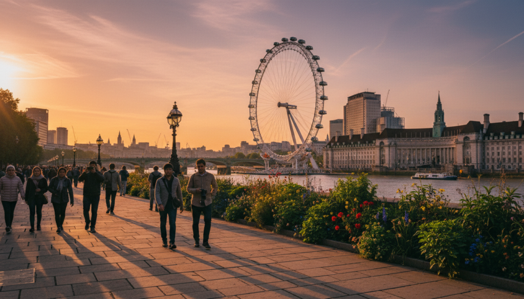 Golden hour view along the Thames riverside at South Bank, featuring people in modest casual clothing strolling, capturing photos, and enjoying the vibrant atmosphere. In the foreground, textured stone pathways lined with lush greenery and colorful flowers. The middle ground showcases iconic London landmarks such as the London Eye and the Millennium Bridge, bathed in warm, golden sunlight, reflecting off the water. The background includes soft-focus silhouettes of buildings against a stunning sunset sky, painted in hues of orange, pink, and purple. The scene exudes a tranquil and inviting mood, with cinematic lighting highlighting the intricate details, all captured in an 8k resolution, creating a raw photograph effect with high visual fidelity.