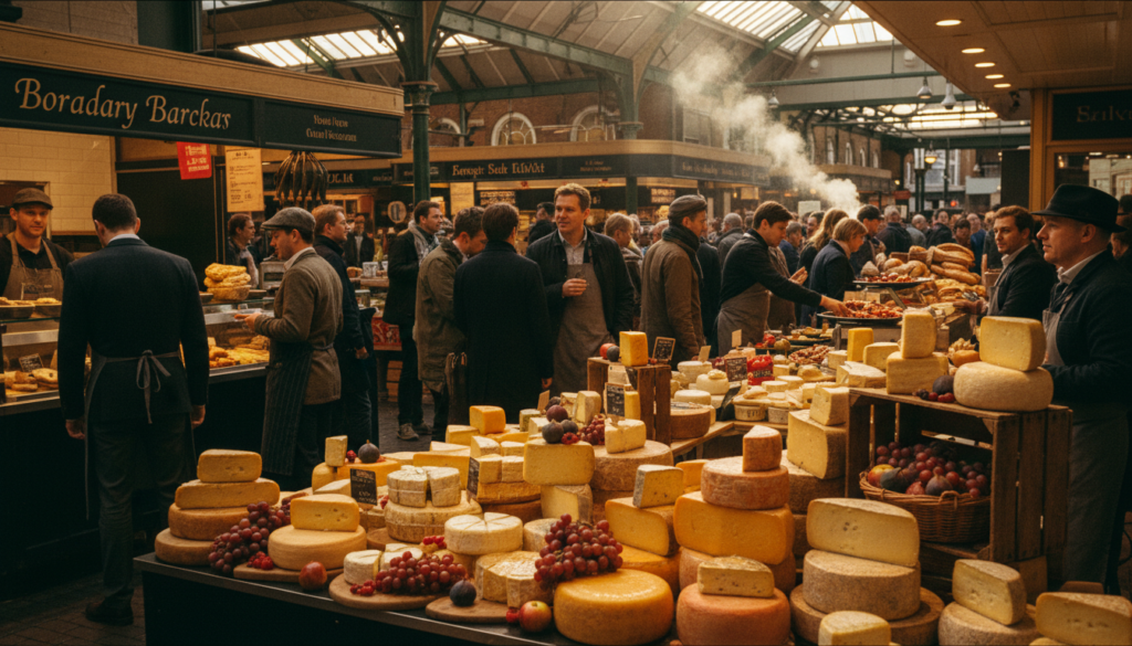 Lively scene at Borough Market in London featuring an array of vibrant food stalls, brimming with fresh produce, artisanal breads, and gourmet delicacies. The foreground showcases a beautifully arranged cheese stall, decorated with wooden crates and colorful fruits, drawing the eye with its rich textures. In the middle ground, various vendors proudly display their offerings, while patrons engage in lively conversation, dressed in smart casual attire. The background showcases the historic architecture of the market, bathed in warm, cinematic lighting that enhances the inviting atmosphere. Captured from a low angle to emphasize the bustling activity, this highly detailed image should evoke the essence of a bustling food market experience, presented in stunning 8k resolution.