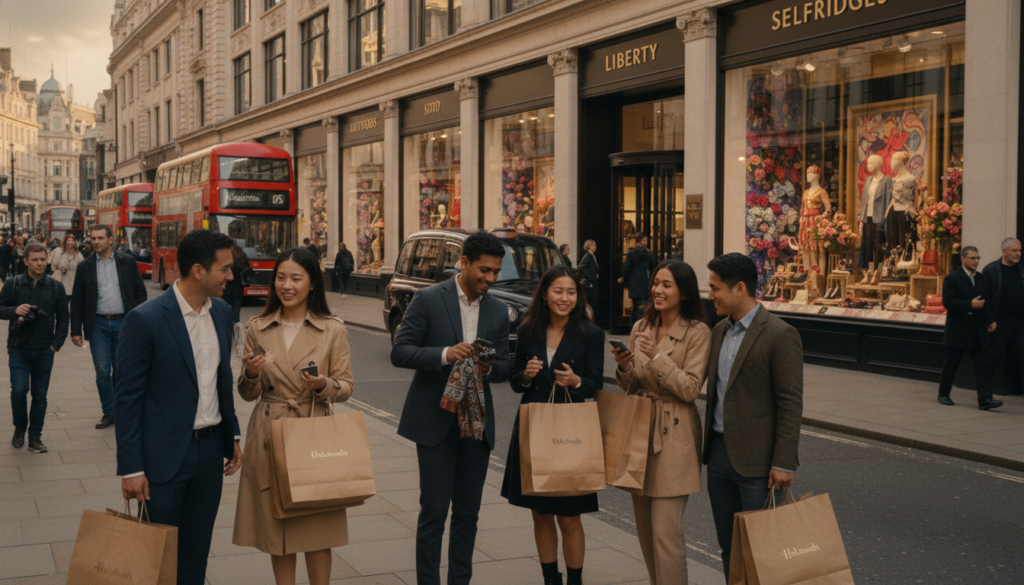 Lively scene of tourists shopping in London, exploring flagship retail stores. In the foreground, diverse groups of cheerful people, dressed in smart casual attire, carrying shopping bags and discussing their finds. The middle background showcases iconic London architecture, like elegant storefronts featuring large windows adorned with vibrant displays. The scene is bustling, with some tourists taking photos and others browsing through merchandise. In the background, classic London red double-decker buses and people walking along a busy street add to the lively atmosphere. The lighting is soft and warm, evoking a late afternoon glow, while the image features highly detailed textures to bring the shopping experience to life, all rendered in 8k resolution for a cinematic feel.