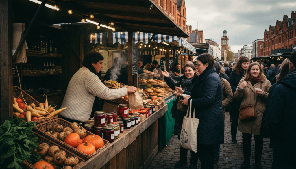 Seasonal food market stalls in London bustling with activity, showcasing a vibrant array of colorful seasonal produce, artisanal foods, and delicacies. In the foreground, a stall adorned with pumpkins, root vegetables, and jars of homemade preserves, with a vendor in a cozy sweater serving customers. The middle ground features diverse stalls offering a variety of ethnic street foods, like gourmet tacos and warm pastries, attracting a diverse crowd. The background shows iconic London architecture under a cloudy autumn sky, with soft, cinematic lighting illuminating the scene. Capture the lively atmosphere filled with people enjoying their food, and the authenticity of a seasonal market experience in a raw photographic style, emphasizing highly detailed textures in 8k resolution.