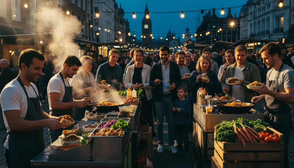 Vegan street food stalls bustling in a lively London market, showcasing vibrant colors and enticing food displays. In the foreground, skilled vendors prepare delicious plant-based dishes, featuring fresh vegetables, colorful wraps, and fragrant spices. Their modest casual clothing adds to the friendly atmosphere. The middle ground features a diverse crowd enjoying the food, with families and friends chatting, laughter filling the air. The background includes iconic London architecture, softly illuminated by warm, cinematic lighting that enhances the evening ambiance. Capture this scene in 8k resolution with highly detailed textures, showcasing the vibrancy and inclusivity of vegan street food culture in London.