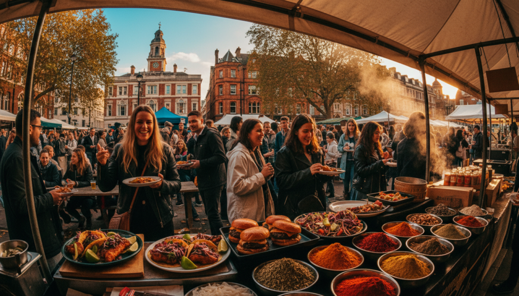 Vibrant scene at a London street food market, filled with diverse crowds enjoying a variety of delicious dishes. In the foreground, colorful stalls showcase an array of street food, including tacos, gourmet burgers, and exotic spices, richly garnished in appealing textures. In the middle, enthusiastic visitors are interacting, sharing laughter, and savoring their meals. The background features iconic London architecture and trees, providing a picturesque urban atmosphere. The scene is illuminated with warm, golden hour lighting that enhances the lively mood, capturing the essence of a bustling market. Shot with a wide-angle lens in 8k resolution, emphasizing intricate details and vibrant colors to immerse viewers in this culinary experience.