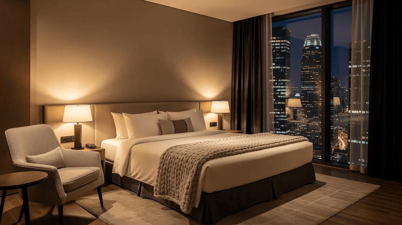 The image depicts a cozy hotel room featuring a large bed, soft lighting, and an inviting armchair, with tall windows offering a stunning city view. This comfortable space is perfect for travelers looking for a boutique hotel experience in central London, within walking distance of popular tourist attractions like Covent Garden and the British Museum.