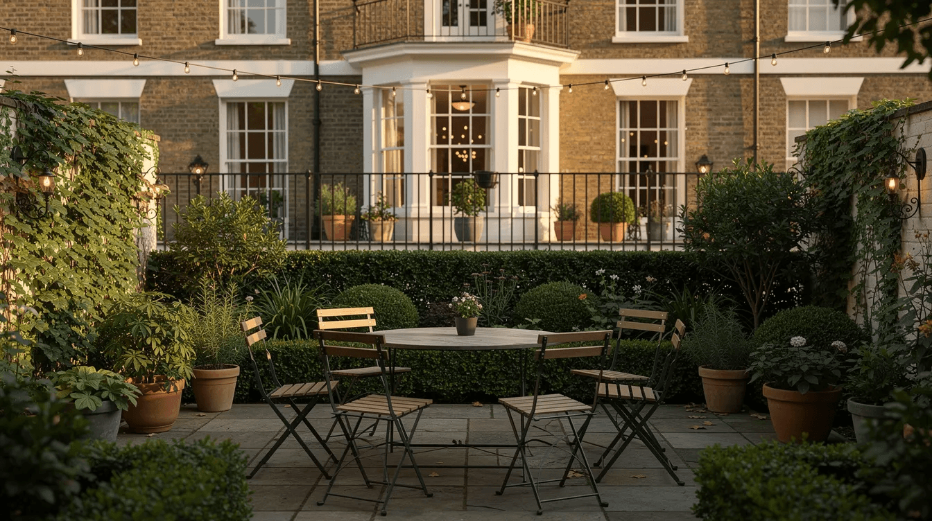 A tranquil private garden terrace features small tables surrounded by lush greenery, set against the backdrop of a classic London townhouse facade. This serene space offers a perfect escape in central London, ideal for enjoying a peaceful moment amidst the bustling city, with attractions like Covent Garden and the British Museum just a short walk away.
