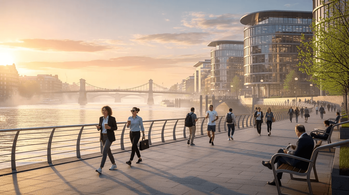 A modern riverside walkway along the River Thames is bustling with pedestrians enjoying the sunrise, with striking glass buildings and iconic bridges in the background. This scenic area is within walking distance of major attractions like the Tate Modern and South Bank, making it a great location for visitors exploring central London.